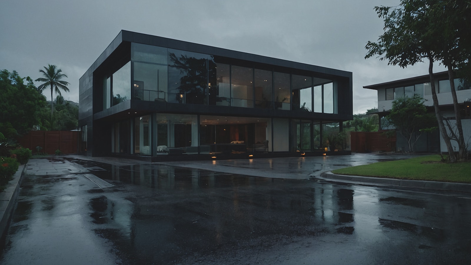 A large house sitting on top of a wet street